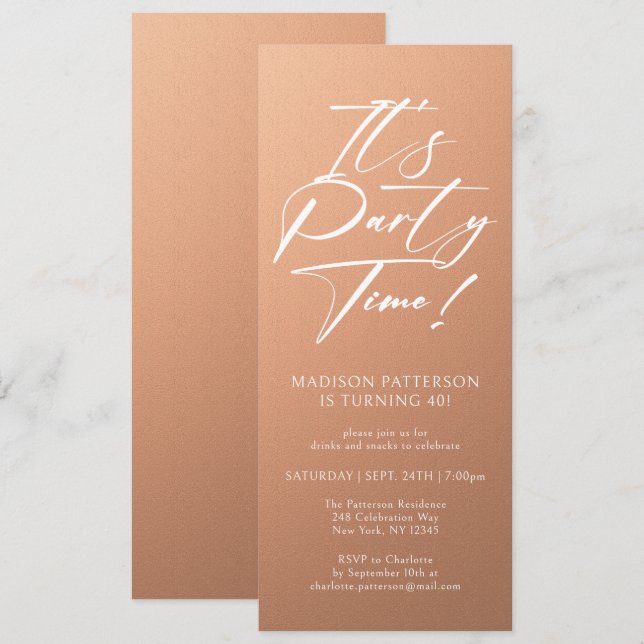 It's Party Time 40th Birthday Party Simple Elegant Invitation (Front/Back)