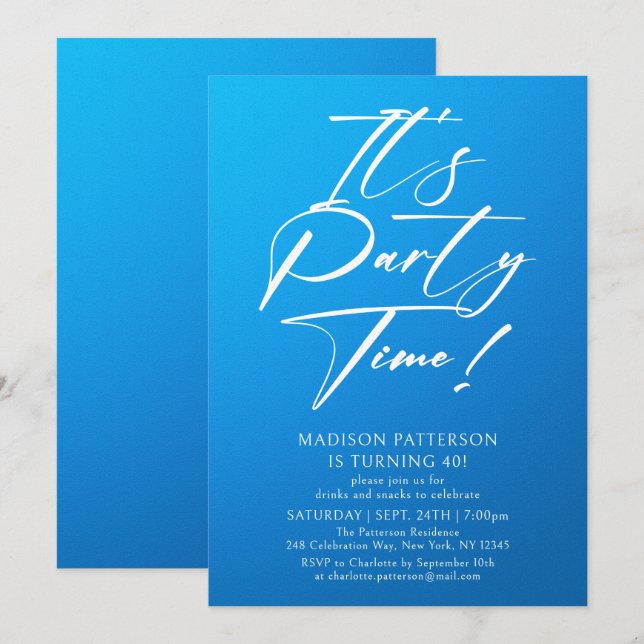 It's Party Time 40th Birthday Party Simple Elegant Invitation (Front/Back)