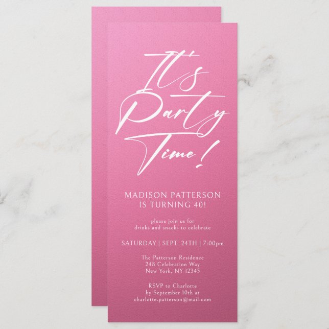 It's Party Time 40th Birthday Party Simple Elegant Invitation (Front/Back)