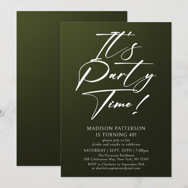 It's Party Time 40th Birthday Party Simple Elegant Invitation (Front/Back)