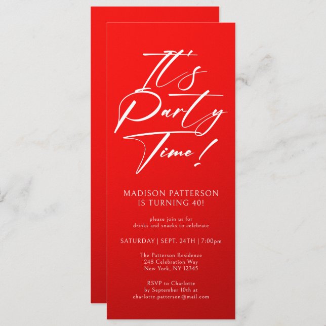 It's Party Time 40th Birthday Party Simple Elegant Invitation (Front/Back)