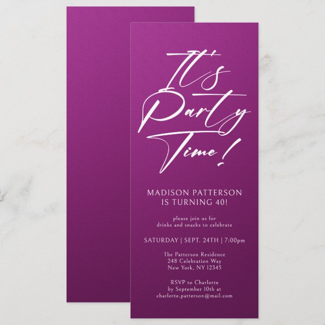 It's Party Time 40th Birthday Party Simple Elegant Invitation (Front/Back)