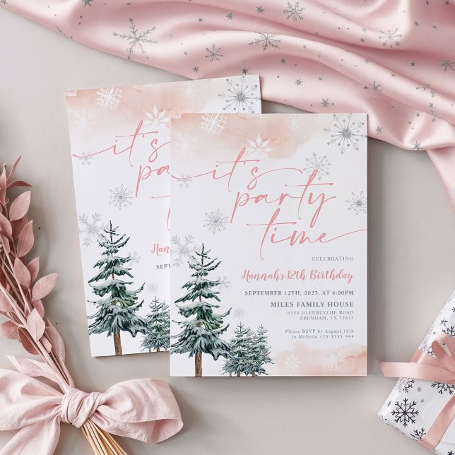 It's party time, blush winter birthday invitation (Creator Uploaded)