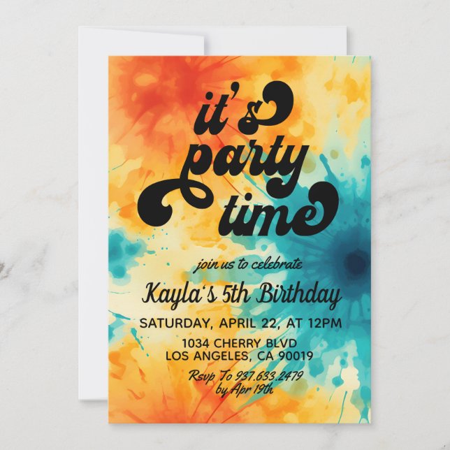 It's Party Time Groovy Tie Dye Birthday Invitation (Front)
