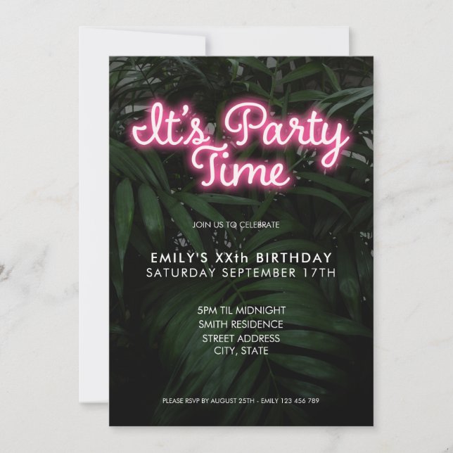 It's Party Time Modern Neon Birthday Invitation (Front)