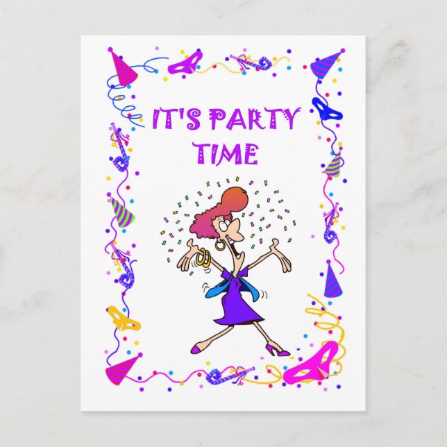 It's party time, party lady invitation postcard (Front)