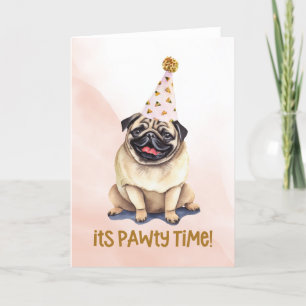 Its Pawty Time Pink Pug Watercolor Card