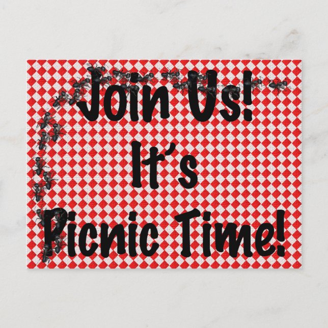 It's Picnic Time! Red Chequered Table Cloth w/Ants Invitation Postcard (Front)
