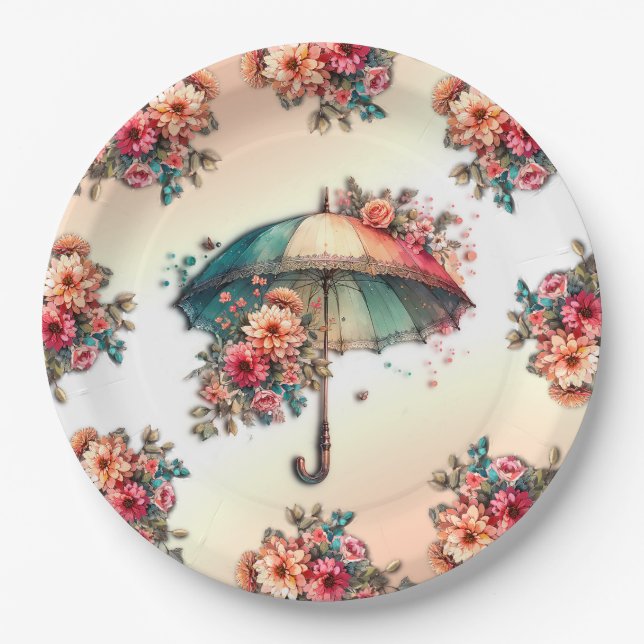 It's Raining A Beautiful Floral Wedding Paper Plate (Front)