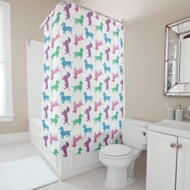 It's Raining Dachshunds Pastel Watercolor Shower Curtain (In Situ)