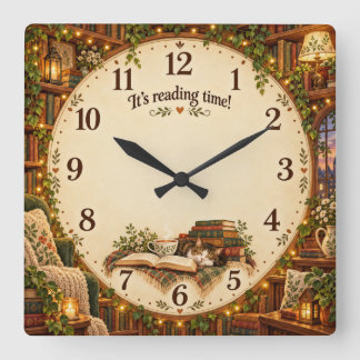 It's Reading Time Cosy Library Square Wall Clock