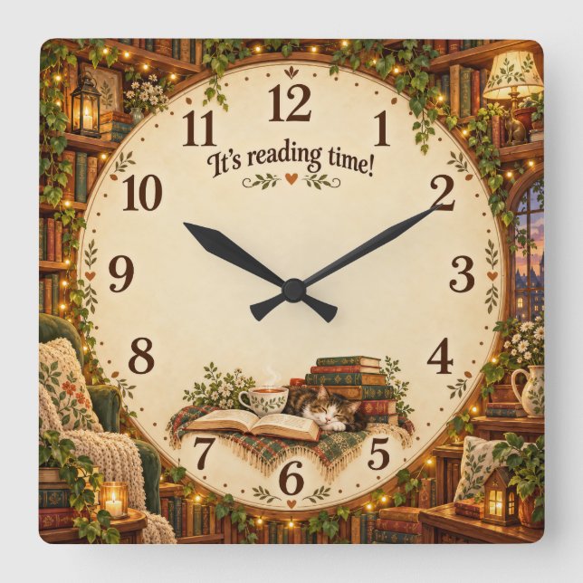 It's Reading Time Cosy Library  Square Wall Clock (Front)
