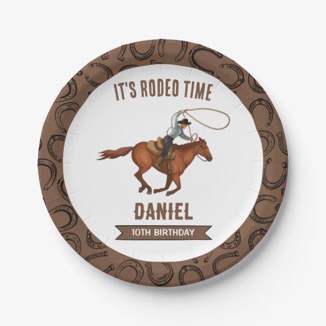 It's Rodeo Time Cowboy Birthday Paper Plate (Front)