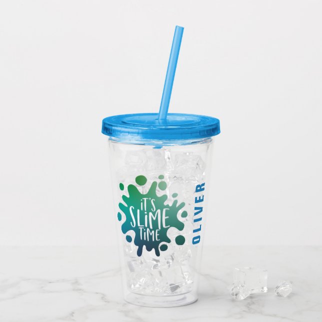 It's slime time blue + green rainbow slime party acrylic tumbler (Back Ice)