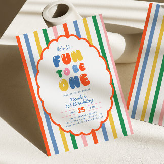 It's So Fun To Be | Bold Colour Stripe 1st Birthda Invitation