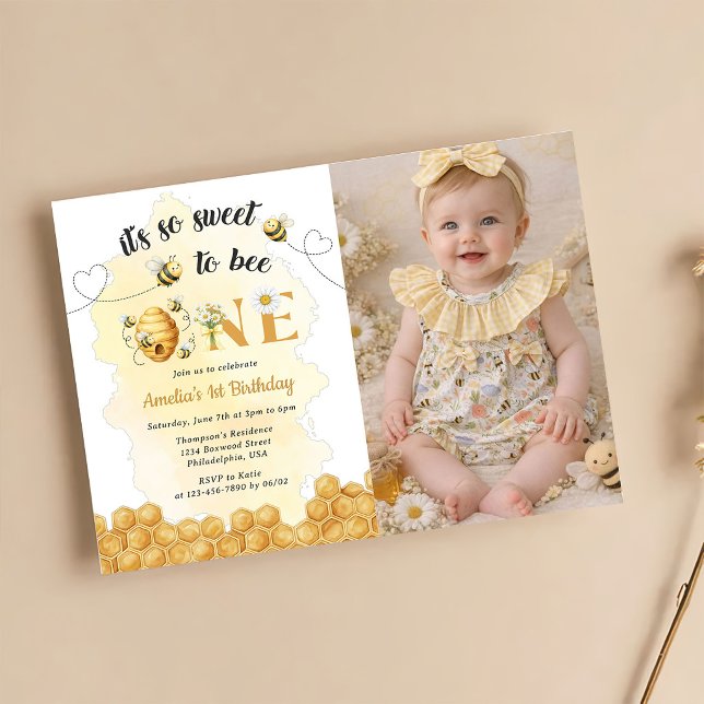 It's So Sweet To Bee Photo 1st Birthday Invitation (Creator Uploaded)