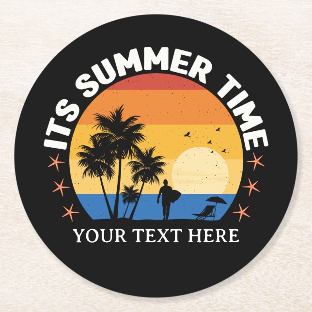 It's Summer Time Tropical Sunset Design Round Paper Coaster (Front)