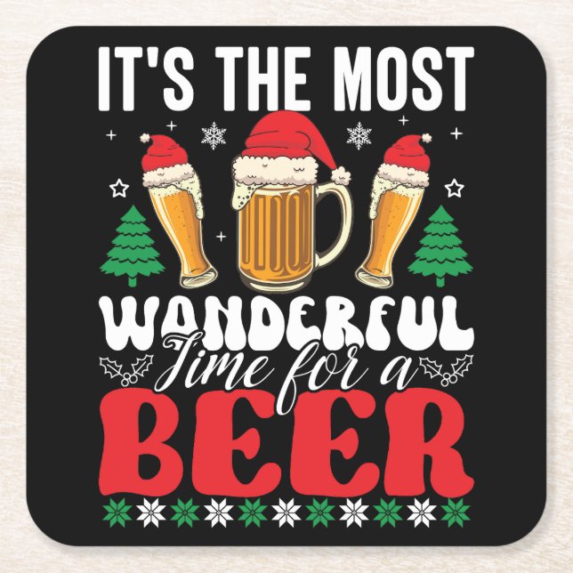It's The Most Wonderful Time For A Beer Christmas Square Paper Coaster (Front)