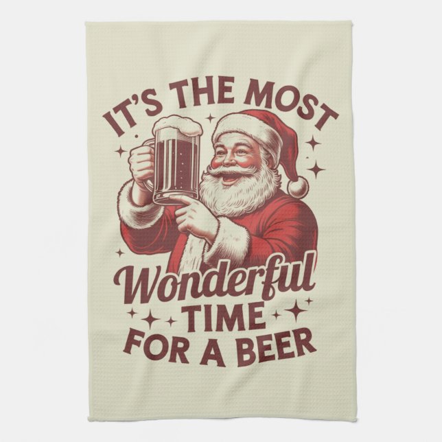 It's The Most Wonderful Time For A Beer Santa Xmas Tea Towel (Vertical)