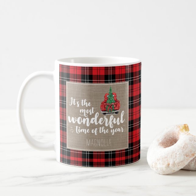 It's the Most Wonderful Time of the Year Plaid  Coffee Mug (With Donut)