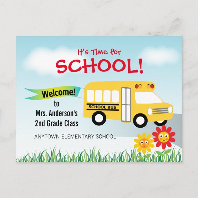It's Time for School, Back to School Bus Postcard (Front)