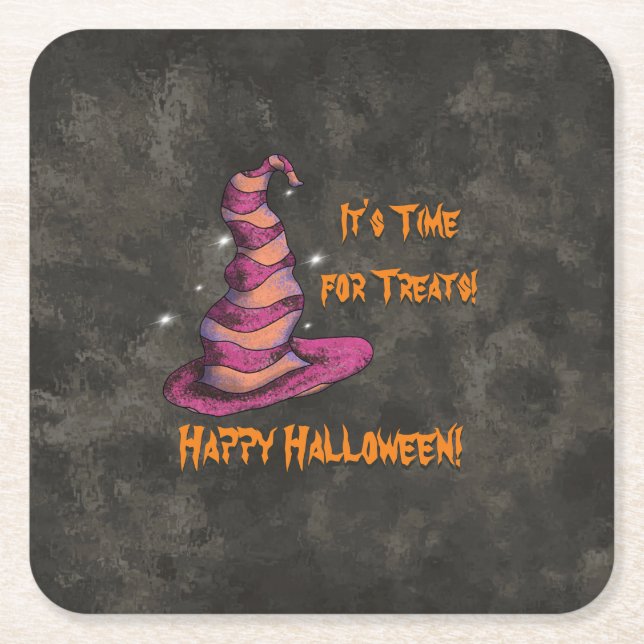 It's Time for Treats, Happy Halloween Square Paper Coaster (Front)