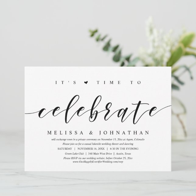 It's Time To Celebrate, Wedding Elopement Party Invitation (Standing Front)