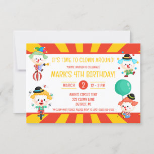It's Time to Clown Around, Circus Birthday Party Invitation