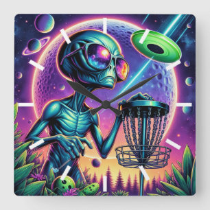 It's Time to Disc Golf    Alien  Square Wall Clock