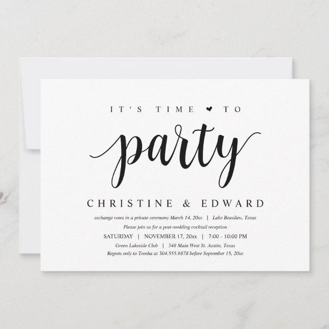 It's time to party, Modern Post Wedding Elopement Invitation (Front)