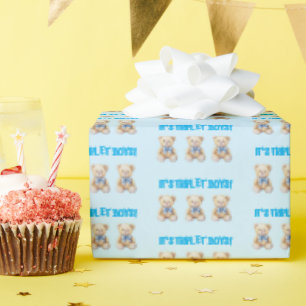 It's Triplet Boys!, Baby Triplets Gift Wrap, Blue Wrapping Paper