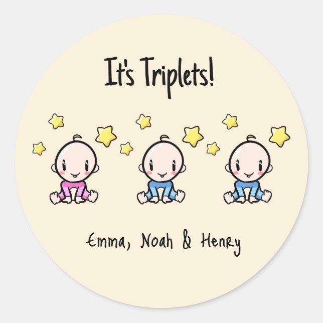 It's Triplets!, Personalised Triplet Babies  Classic Round Sticker (Front)