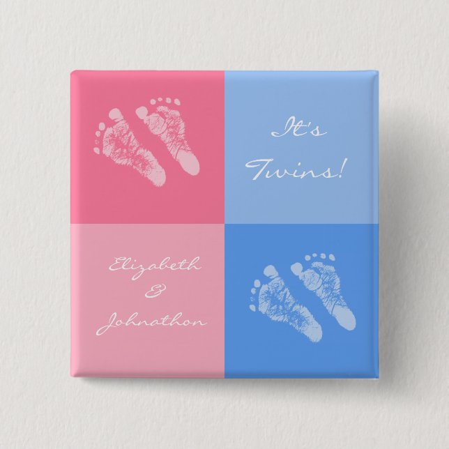 Its Twin Boy and Girl Cute Pink Baby Footprints 15 Cm Square Badge (Front)