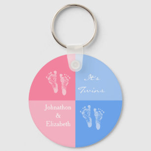 Its Twin Boy and Girl Cute Pink Baby Footprints Key Ring