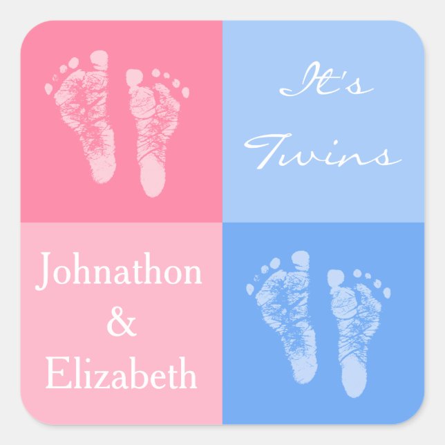 Its Twin Boy and Girl Cute Pink Baby Footprints Square Sticker (Front)
