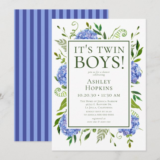 It's Twin Boys Blue Hydrangeas Baby Shower  Invitation (Front/Back)