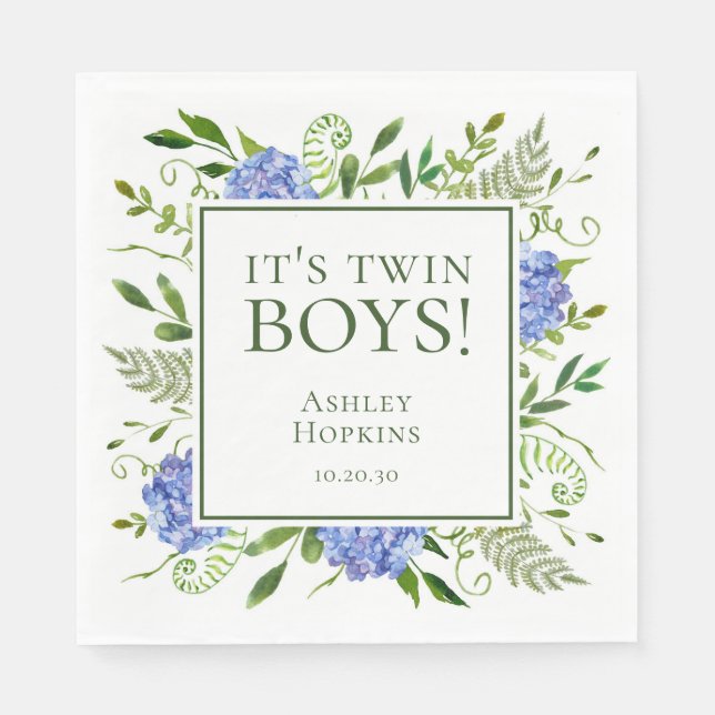 It's Twin Boys Blue Hydrangeas Boy Baby Shower Napkin (Front)