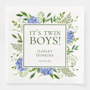 It's Twin Boys Blue Hydrangeas Boy Baby Shower Napkin