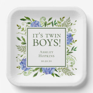 It's Twin Boys Blue Hydrangeas Boy Baby Shower Paper Plate