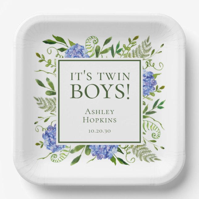 It's Twin Boys Blue Hydrangeas Boy Baby Shower Paper Plate (Front)