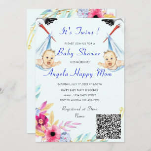 It's Twin Boys QR Code Info Baby Shower Invitation