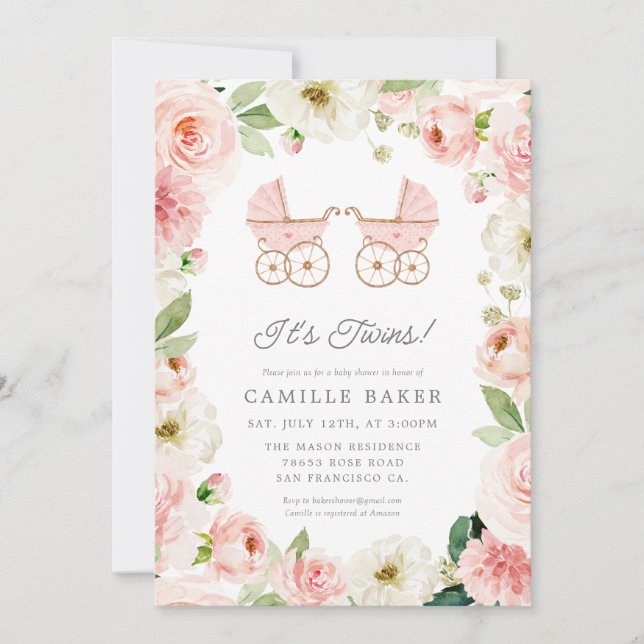 It's Twin Girl Baby Shower Floral Invitation (Front)