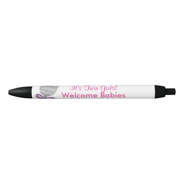 It's Twin Girls Baby Rattle Pink Bow Announcement Black Ink Pen (Front)