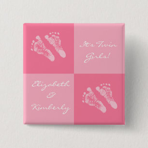 Its Twin Girls Cute Girly Pink Baby Footprints 15 Cm Square Badge