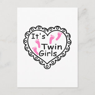 Its Twin Girls Pink Footprints Hearts Postcard