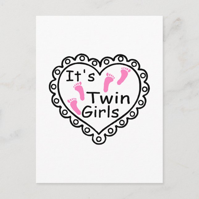 Its Twin Girls Pink Footprints Hearts Postcard (Front)
