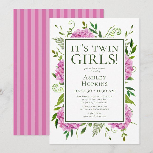 It's Twin Girls Pink Hydrangeas Baby Shower  Invitation (Front/Back)