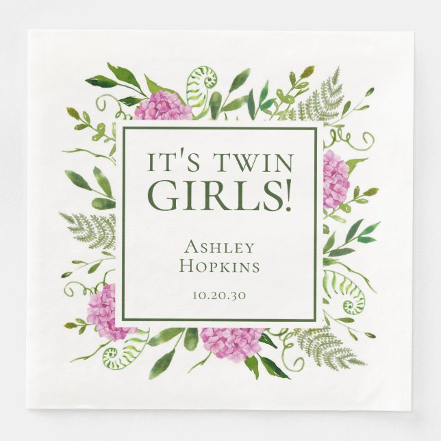 It's Twin Girls Pink Hydrangeas Girl Baby Shower Napkin (Front)