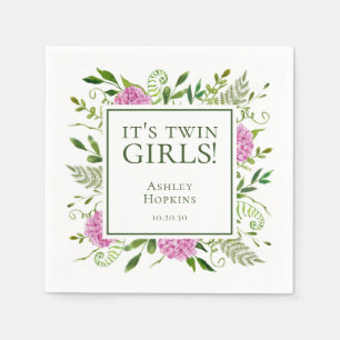 It's Twin Girls Pink Hydrangeas Girl Baby Shower Napkin