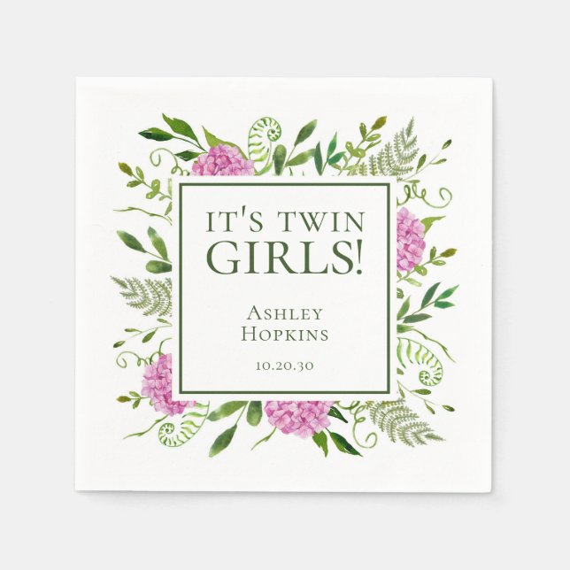 It's Twin Girls Pink Hydrangeas Girl Baby Shower Napkin (Front)